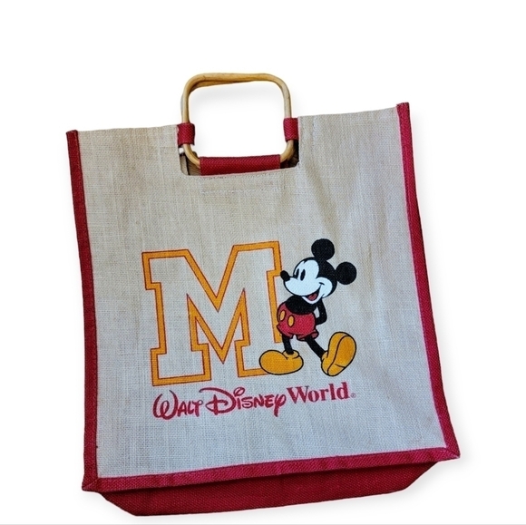 Vintage Disney Mickey Mouse Canvas Burlap Tote Bag with Wooden Handles - Picture 13 of 13